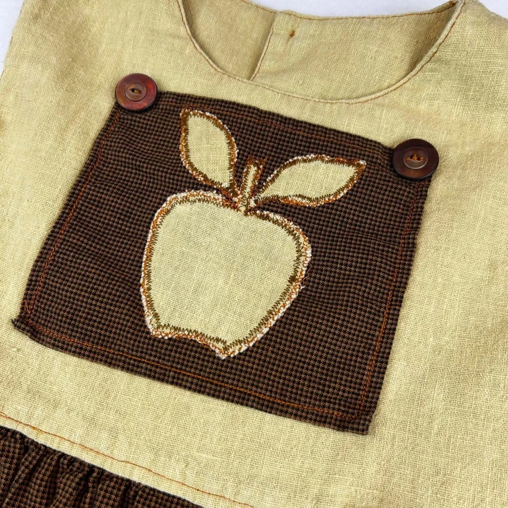 Vintage Style Handmade Apple Embroidered Jumper Dress Brown Tan Check Kids